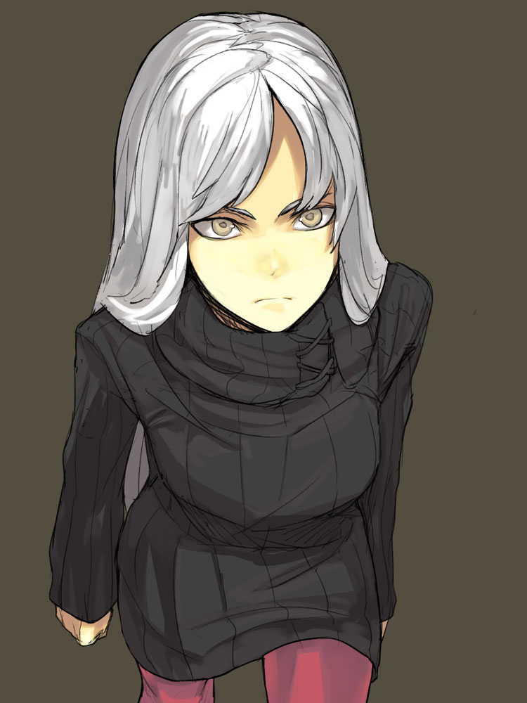 1girl dress face female_focus frown grey_eyes grey_hair hama_(22ji_kara_24ji) long_sleeves original pantyhose red_pantyhose sketch solo sweater sweater_dress