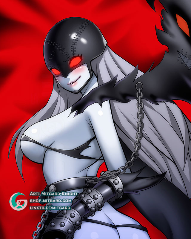 1girl artist_name ass bare_shoulders breasts butt_crack chain digimon digimon_(creature) digimon_adventure elbow_gloves fallen_angel female_focus gloves grey_hair ladydevimon large_breasts blue_skin long_hair looking_at_viewer mask mitgard-knight pale_skin red_background red_eyes shiny_skin simple_background smile teeth torn_clothes upper_teeth_only