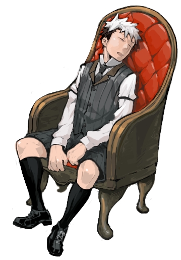 1boy black_socks formal_clothes male_focus multicolored_hair naop open_mouth original pinstripe_pattern pinstripe_suit red_upholstery sitting sleeping socks solo striped suit tufted_upholstery vest