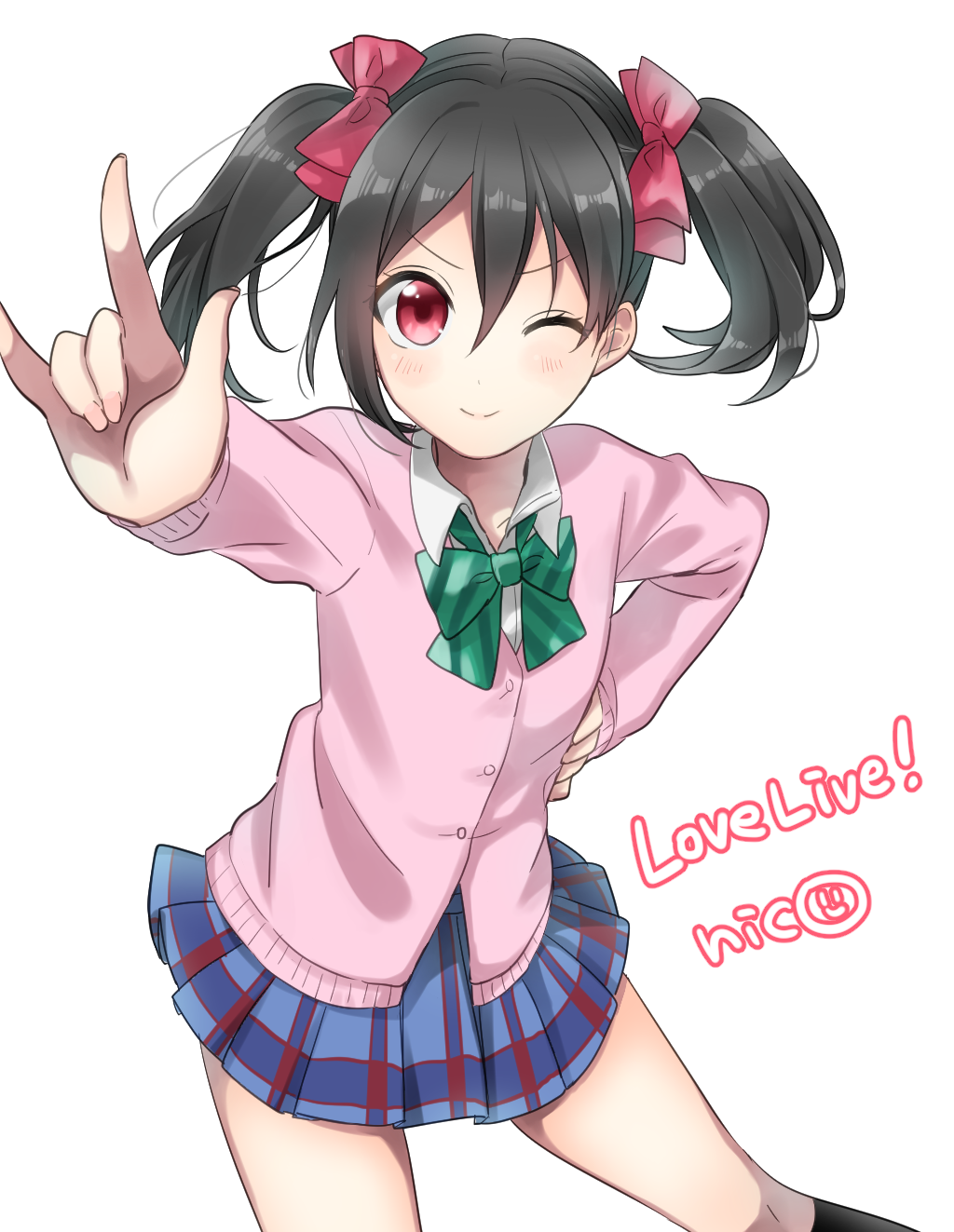 10s 1girl ;) bad_id bad_pixiv_id black_hair blue_skirt blush bow cardigan character_name copyright_name female_focus hair_bow hand_on_own_hip highres kashiko_(coupy) love_live! love_live!_school_idol_project m/ nico_nico_nii one_eye_closed plaid_clothes plaid_skirt red_eyes school_uniform short_hair simple_background skirt smile solo twintails white_background yazawa_nico