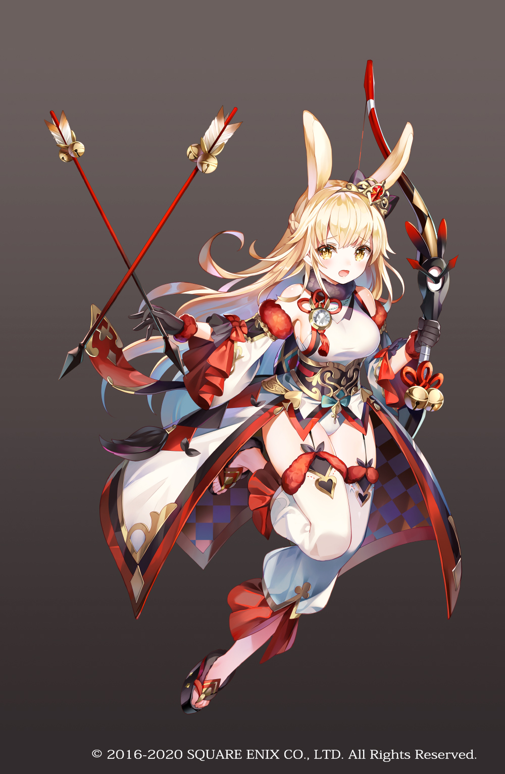 1girl animal_ears arrow_(projectile) bare_shoulders black_gloves blonde_hair bow_(weapon) breasts copyright_notice full_body gloves gradient_background grey_background grimms_echoes grimms_notes high_heels highres holding holding_arrow holding_bow_(weapon) holding_weapon japanese_clothes large_breasts long_hair looking_at_viewer medium_breasts nemusuke official_art open_mouth rabbit_ears solo weapon white_rabbit_(grimms_echoes) yellow_eyes