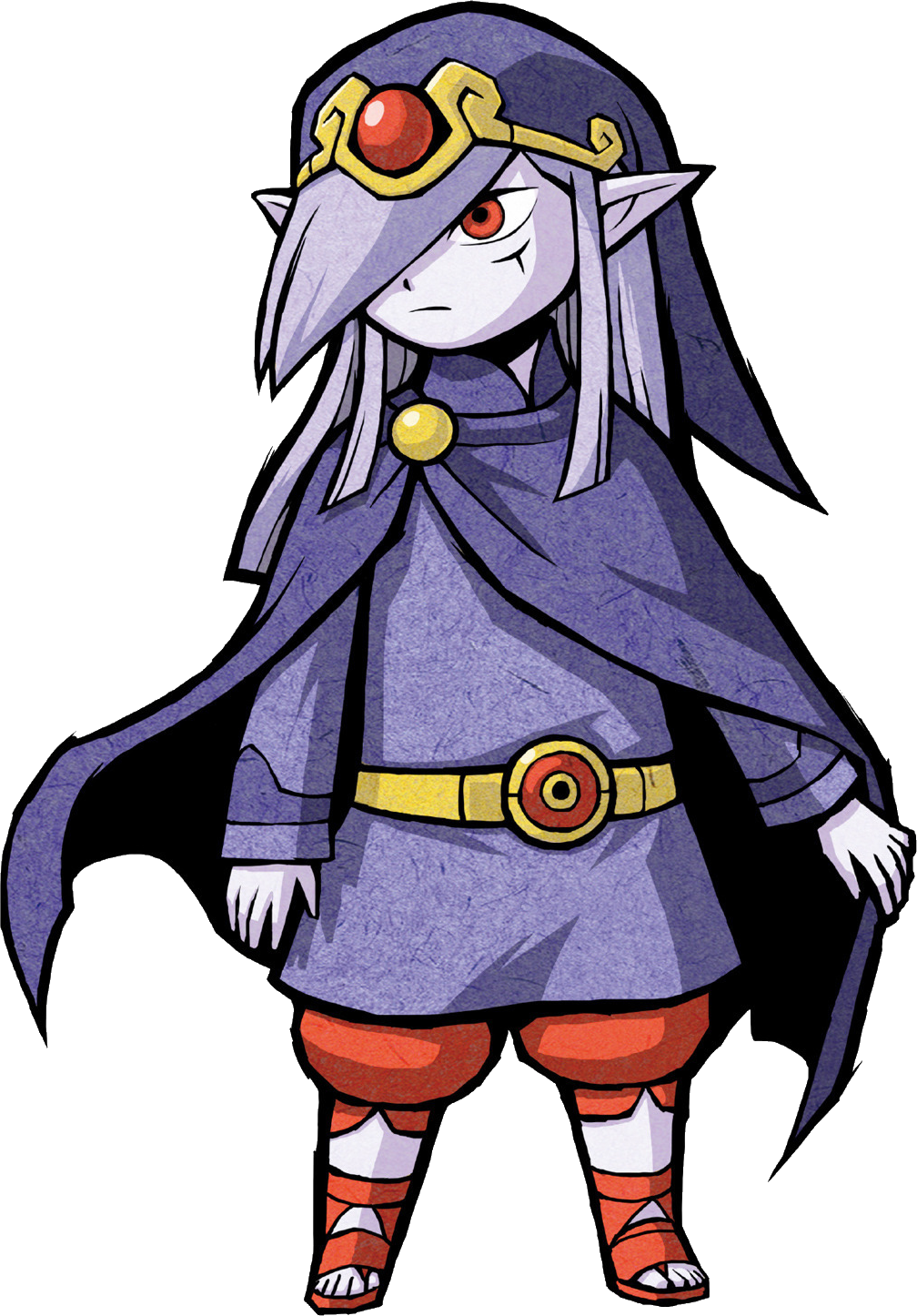 1boy blunt_ends cloak facial_mark gem gold_belt hair_over_one_eye hat hat_ornament highres long_hair long_sleeves looking_to_the_side nintendo official_art pale_skin pants pointy_ears purple_cloak purple_hair purple_hat purple_tunic red_eyes red_footwear red_gemstone red_pants sandals sidelocks solo standing the_legend_of_zelda the_legend_of_zelda:_the_minish_cap third-party_source transparent_background tunic vaati