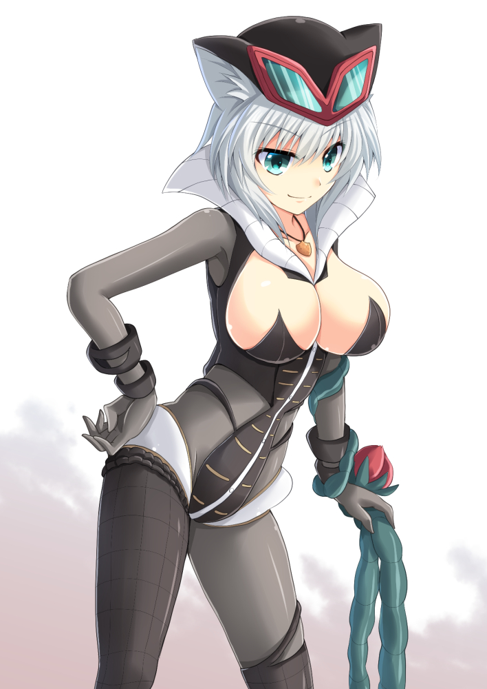 1girl animal_ears black_gloves blue_eyes bodysuit breasts cleavage cleavage_cutout clothing_cutout cross_(crossryou) female_focus gloves mephilas_seijin mephilas_seijin_nidaime personification short_hair silver_hair simple_background smile solo ultra_kaijuu_gijinka_keikaku ultra_series