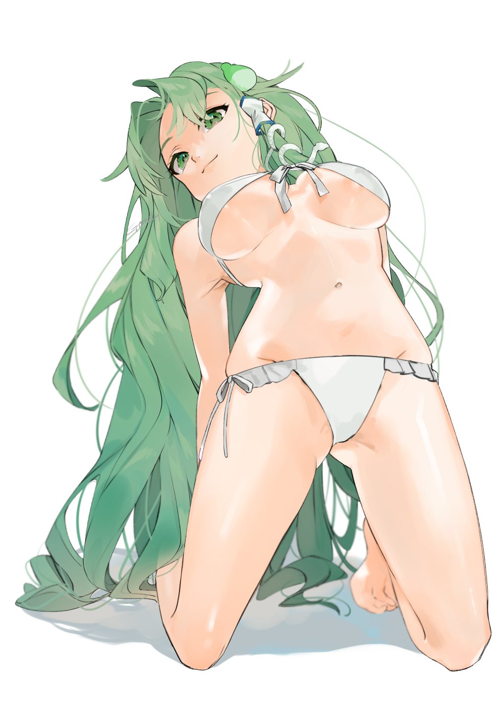 1girl bad_id bad_twitter_id bare_legs bare_shoulders barefoot bikini breasts commentary_request frog_hair_ornament gluteal_fold gotou_(nekocat) green_eyes green_hair groin hair_ornament hair_tubes highres kneeling kochiya_sanae long_hair looking_at_viewer medium_breasts navel shadow simple_background smile snake_hair_ornament solo stomach swimsuit thighs touhou very_long_hair white_background white_bikini