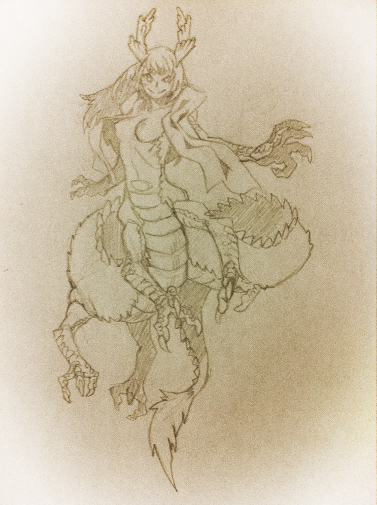 1girl breasts claws dragon dragon_girl dragon_horns dragon_tail eastern_dragon female_focus horns kanemaki_thomas long_hair monochrome monster_girl nipples original scales shawl smile solo tail talons traditional_media