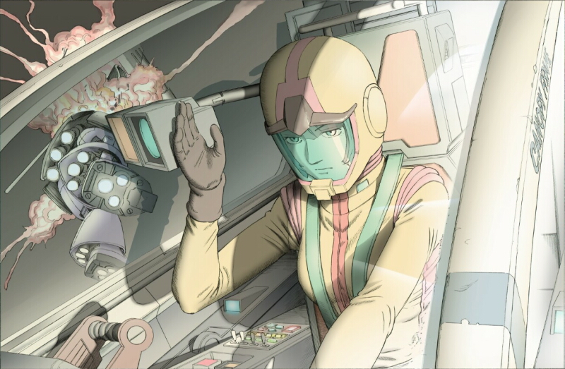 artist_request cockpit explosion female_focus gundam mecha mobile_suit_gundam pilot_suit rick_dom robot sayla_mass solo