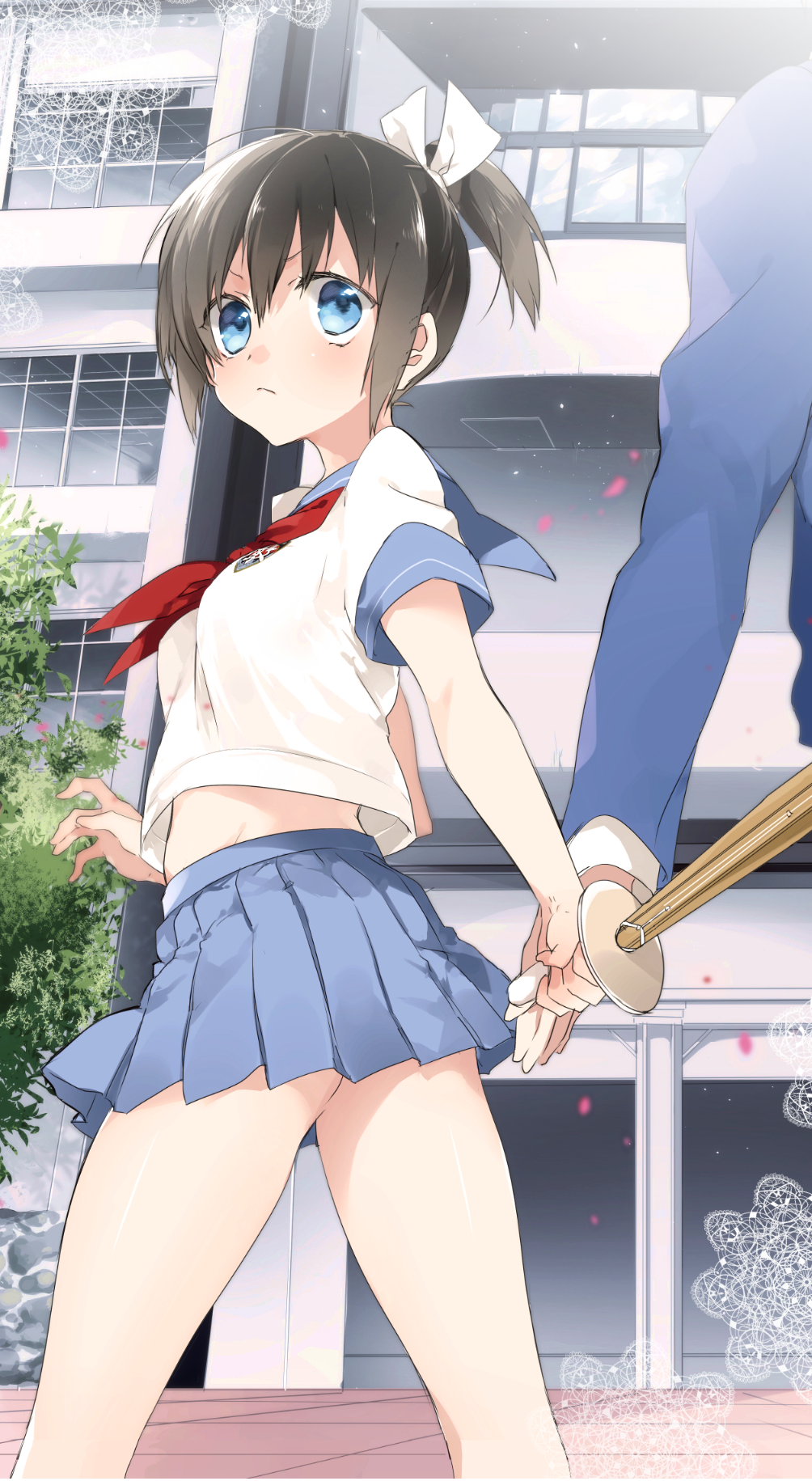 1boy 1girl black_hair blue_eyes crop_top crop_top_overhang groin hair_ribbon highres midriff pleated_skirt ponytail ribbon school school_uniform serafuku shinai shiny_skin sino_(sionori) skirt sword weapon white_ribbon