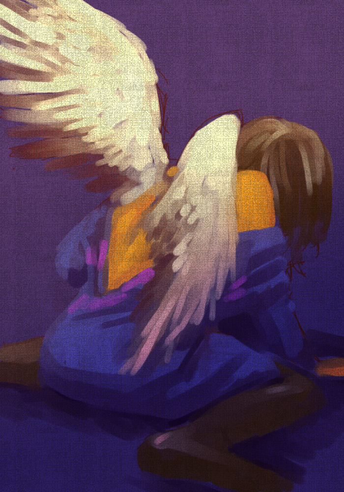 1other angel_wings bare_back black_pantyhose blue_robe broken_leg brown_hair facing_away frisk_(undertale) fuyodo gradient_background kneeling long_sleeves other_focus pantyhose purple_background robe short_hair solo undertale white_wings wings