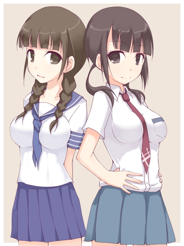 10s 2girls arms_behind_back back-to-back black_hair braid breasts brown_eyes brown_hair company_connection crossover dress_shirt hair_over_shoulder hanasaku_iroha hands_on_own_hips kuro_(be_ok) long_hair look-alike looking_at_viewer multiple_girls neckerchief necktie okita_sawa open_mouth oshimizu_nako p.a._works pleated_skirt school_uniform serafuku shirt simple_background skirt smile tari_tari twin_braids twintails