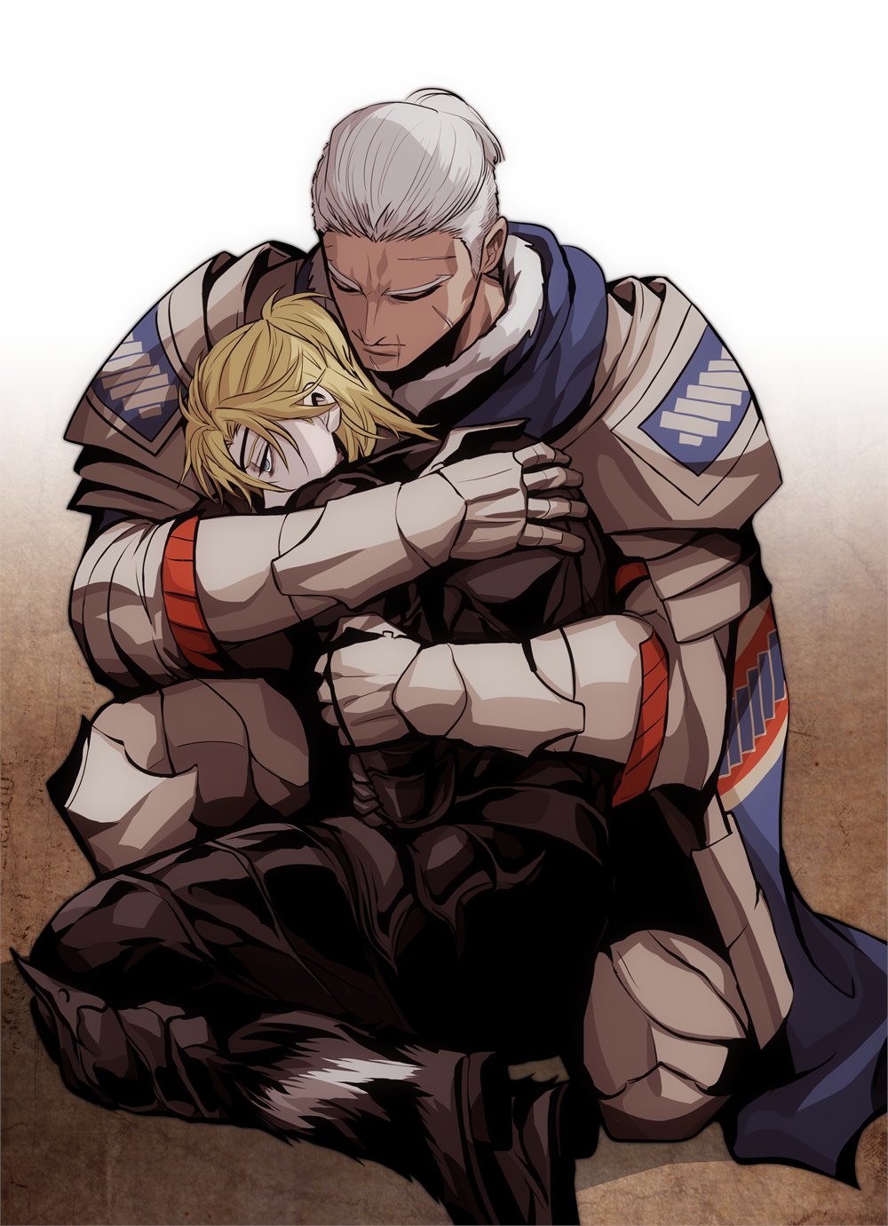 2boys armor black_armor blonde_hair blue_scarf breastplate closed_mouth dark-skinned_male dark_skin dedue_molinaro dimitri_alexandre_blaiddyd eyepatch facial_scar fire_emblem fire_emblem:_three_houses gauntlets highres hug kneeling male_focus medium_hair megubiru multiple_boys multiple_scars nintendo one_eye_covered pauldrons ponytail scar scar_on_cheek scar_on_face scar_on_forehead scar_on_mouth scarf short_ponytail shoulder_armor white_hair yaoi