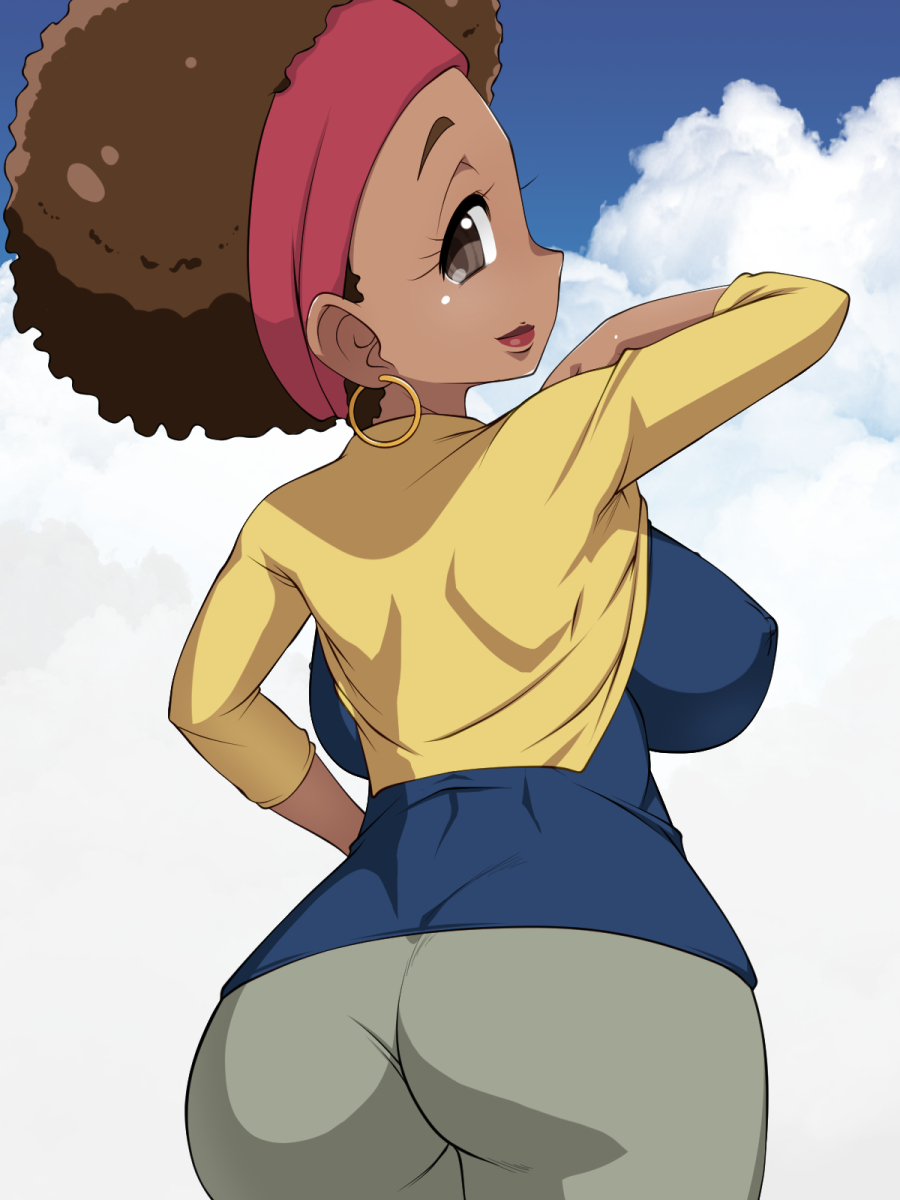 1girl afro arm_up ass ass_focus bakugan bakugan:_battle_planet blue_shirt blue_sky breasts brown_eyes brown_hair closed_mouth cloud covered_erect_nipples cowboy_shot dark-skinned_female dark_skin day earrings eyebrows eyelashes female_focus from_behind grey_pants hand_on_own_hip headband jewelry large_breasts lifting_own_clothes lipstick looking_at_viewer looking_back makeup matching_hair/eyes mature_female medium_hair nurugamer-kouyouju olivia_styles outdoors pants profile red_headband red_lips shirt sky solo very_dark_skin yellow_shirt