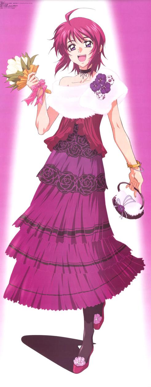 00s 1girl :d ahoge bag black_pantyhose bouquet bow bracelet choker collarbone dress female_focus flower full_body gundam gundam_seed gundam_seed_destiny handbag highres jewelry kawaguchi_rie lunamaria_hawke official_art open_mouth pantyhose pink_bow pink_footwear pink_hair purple_dress purple_eyes scan shoes short_hair smile solo standing