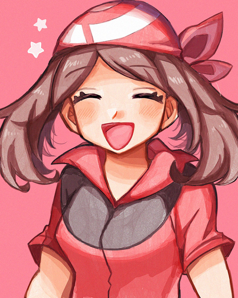 1girl :d ^_^ anidler91 bandana breasts brown_hair closed_eyes creatures_(company) game_freak may_(pokemon) medium_breasts medium_hair nintendo open_mouth pink_background pokemon pokemon_rse red_bandana red_shirt shirt short_sleeves smile solo star_(symbol) upper_body