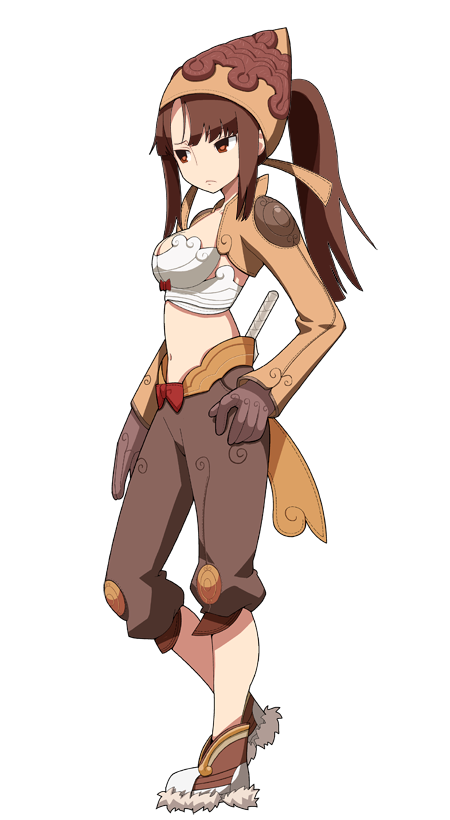 1girl bandana boots bow bow_bra bra breasts brown_bandana brown_eyes brown_footwear brown_gloves brown_hair brown_jacket brown_shorts cleavage closed_mouth frown full_body fur-trimmed_boots fur_trim gloves hand_on_own_hip heel_up high_ponytail imaizumi_teruhiko jacket large_variant_set long_hair long_sleeves looking_afar looking_to_the_side medium_breasts midriff navel official_art ragnarok:_guild_masters ragnarok_online red_bow shorts shrug_(clothing) sidelocks simple_background solo standing thief_(ragnarok_online) transparent_background underwear variant_set white_bra