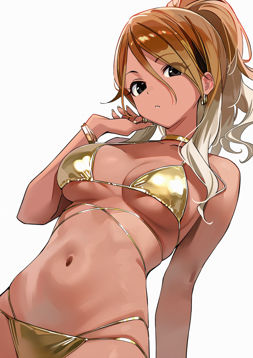 1girl bikini black_eyes black_hair bracelet breasts cleavage closed_mouth collarbone commentary_request dark-skinned_female dark_skin earrings gold_bikini gold_bracelet gold_choker grey_background hair_between_eyes highres idolmaster idolmaster_shiny_colors izumi_mei jewelry kinjin looking_at_viewer medium_breasts multicolored_hair navel orange_hair simple_background solo swimsuit white_hair