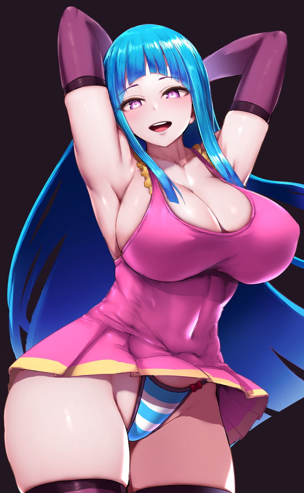 1girl armpits arms_behind_head arms_up ass_shake bikini bikini_under_clothes blue_hair breasts cleavage cowboy_shot dancing dress elbow_gloves gloves highleg highleg_panties highres hime_cut ishimiso_(ishimura) large_breasts long_hair looking_at_viewer me!me!me! me!me!me!_dance_(meme) meme meme_(me!me!me!) panties pantyshot pink_dress purple_eyes purple_gloves smile solo striped_bikini striped_clothes swimsuit underwear very_long_hair