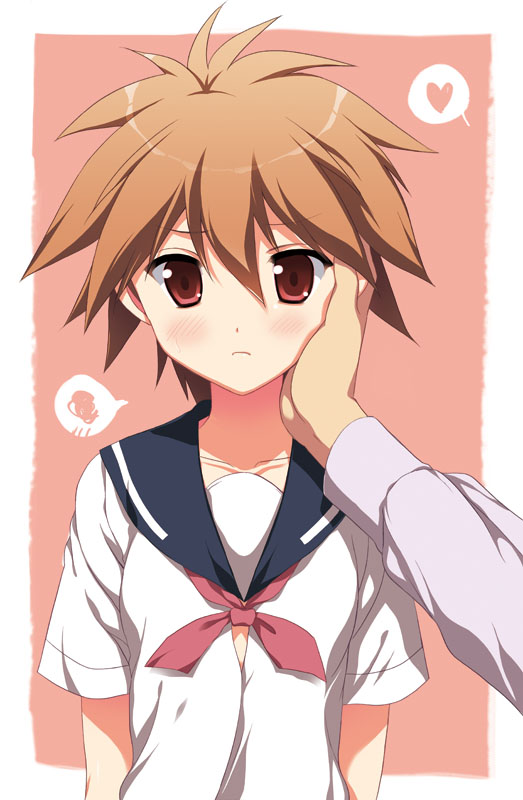 10s 1girl bad_id bad_pixiv_id blush brown_hair eguchi_sara eguchi_sera hand_on_another&#039;s_face heart odawara_hakone red_eyes saki saki_(manga) saki_achiga-hen school_uniform serafuku short_hair solo_focus