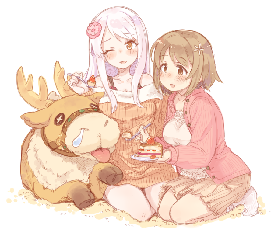 2girls 7010 :d ;d bare_shoulders blitzen blush breasts brown_eyes brown_hair cake commentary_request dress eve_santaclaus flower food fruit hair_flower hair_ornament idolmaster idolmaster_cinderella_girls long_hair medium_breasts mimura_kanako multiple_girls no_shoes off-shoulder off-shoulder_sweater one_eye_closed open_mouth plate reindeer ribbed_sweater short_hair simple_background skirt smile socks spoon strawberry sweater sweater_dress white_background white_hair white_legwear yellow_eyes