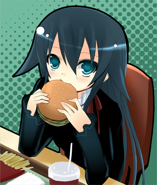 00s 1girl black_hair blue_eyes blue_hair blush burger chair drink drinking_straw eating female_focus food french_fries green_eyes green_hair long_hair machiya_matia matching_hair/eyes polka_dot polyphonica:the_black ribbon saya_(saya_no_uta) saya_no_uta shinkyoku_soukai_polyphonica sitting solo table yukizuki_chikuba