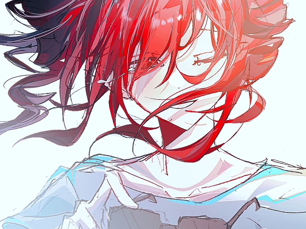 1girl drill_hair glasses grin holding holding_removed_eyewear kasane_teto liar_dancer_(synthesizer_v) looking_at_viewer one_eye_closed portrait rafag red_eyes red_hair shirt simple_background smile solo sunglasses tears twin_drills unworn_eyewear utau white_background white_shirt