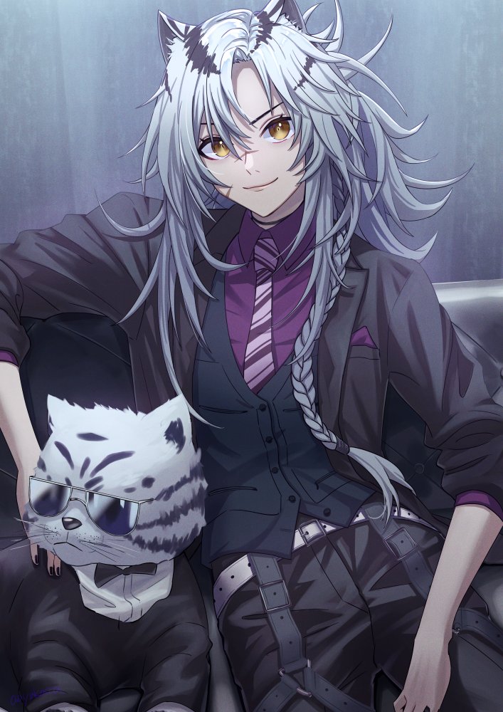 1girl animal animal_ears arknights black_jacket black_necktie black_pants breast_pocket clothed_animal collared_shirt formal grey_hair haiteng indra_(arknights) indra_(valiant_general)_(arknights) jacket long_braid necktie pants pocket purple_necktie purple_shirt scar scar_on_face scar_on_nose shirt sleeves_rolled_up striped_necktie suit sunglasses tiger tiger_ears tiger_girl vest white_tiger yellow_eyes