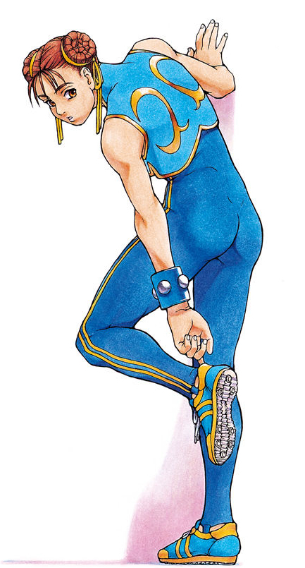 adjusting_clothes adjusting_shoe ass brown_eyes brown_hair capcom chun-li double_bun gluteal_fold hair_bun ikeno_daigo looking_back official_art sleeveless spandex_suit street_fighter street_fighter_zero_(series)