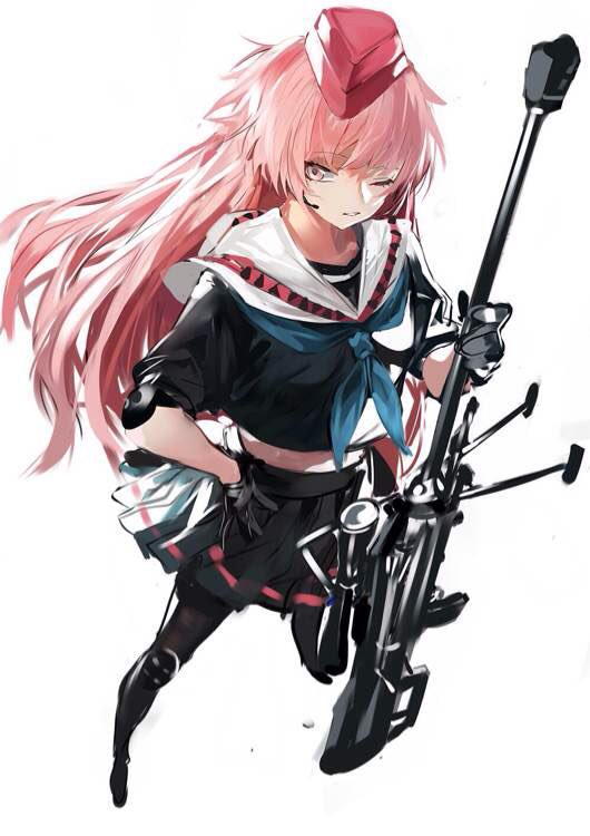 1girl anti-materiel_rifle artist_request black_serafuku blue_neckerchief denel_land_systems female_focus from_above full_body garrison_cap girls&#039;_frontline gloves gun hand_on_own_hip hat knee_pads long_hair neckerchief ntw-20 ntw-20_(girls&#039;_frontline) one_eye_closed pantyhose pink_eyes pink_hair pleated_skirt ran_(bukeranwu) rifle school_uniform serafuku simple_background skirt sniper_rifle solo standing very_long_hair weapon white_background