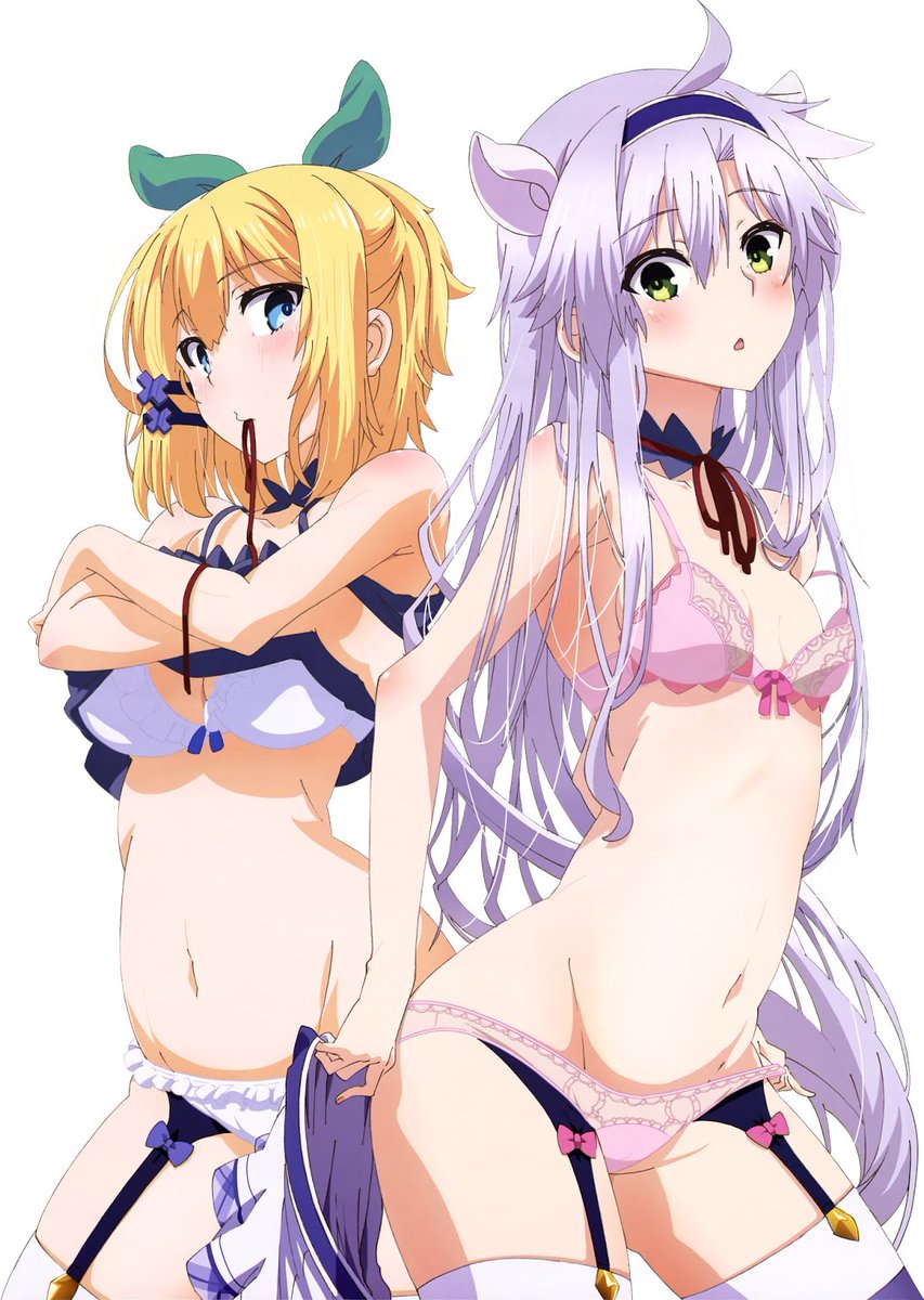 2girls ahoge animal_ears blonde_hair blue_bow blue_eyes blue_shirt blush bow bra cat_ears cat_girl collar dressing frilled_panties frills garter_belt garter_straps green_eyes green_ribbon half_updo highres holding holding_ribbon lingerie long_hair looking_at_viewer looking_to_the_side multiple_girls open_mouth panties pink_bow pink_bra pink_panties purple_thighhighs red_ribbon ribbon rokudenashi_majutsu_koushi_to_akashic_record rumia_tingel shirt short_hair short_hair simple_background sistine_fibel smile socks thighhighs underwear very_long_hair white_background white_bra white_hair white_panties