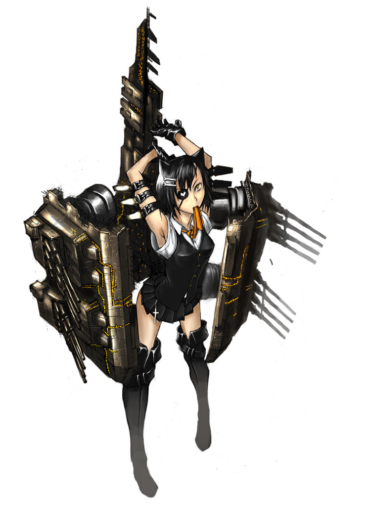 1girl animal_ears arm_belt armpits arms_up belt black_belt black_footwear black_gloves black_hair black_vest bone_hair_ornament boots breasts cannon capital_ship_(eve_online) cat_ears collared_shirt combat_ship_(eve_online) cross dreadnought_(eve_online) eve_online eyepatch full_body gloves glowing hair_between_eyes hair_ornament heart heart_print kimbbq looking_at_viewer machinery mecha_musume medium_breasts medium_hair miniskirt minmatar_republic_(eve_online) mouth_hold naglfar_(eve_online) necktie necktie_in_mouth orange_necktie personification pleated_skirt science_fiction shirt short_sleeves simple_background skirt sleeveless slit_pupils solo thigh_boots third-party_source turret vest white_background white_shirt yellow_eyes