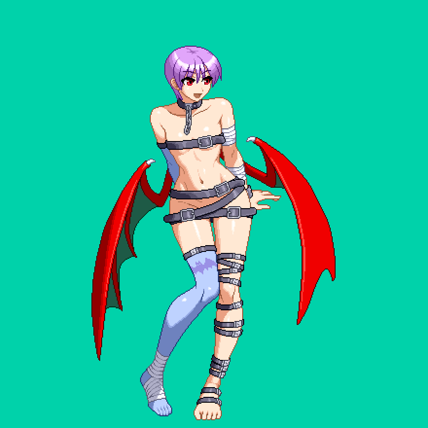 1girl :d alternate_costume animal_print aoi_ship bandages bat_print belt belt_bra belt_skirt black_belt bondage_outfit breasts chain collar collarbone commentary_request darkstalkers demon_girl demon_wings elbow_gloves full_body gloves green_background lilith_(darkstalkers) low_wings naked_belt navel open_mouth pixel_art purple_hair red_eyes short_hair single_bare_foot single_elbow_glove single_thighhigh small_breasts smile solo standing standing_on_one_leg thighhighs variant_set very_short_hair wings