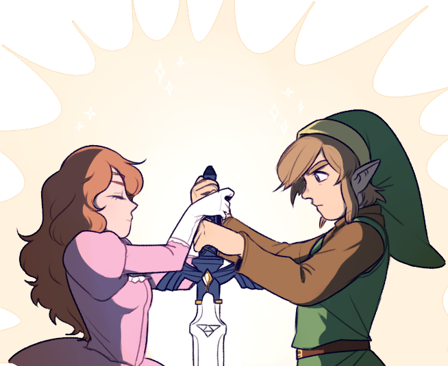 2girls brown_hair commentary dress gloves glowing green_hat green_tunic hat link master_sword mims_(mimimon) multiple_girls nintendo pink_dress pointy_ears princess_zelda the_legend_of_zelda the_legend_of_zelda_(nes) triforce tunic white_gloves