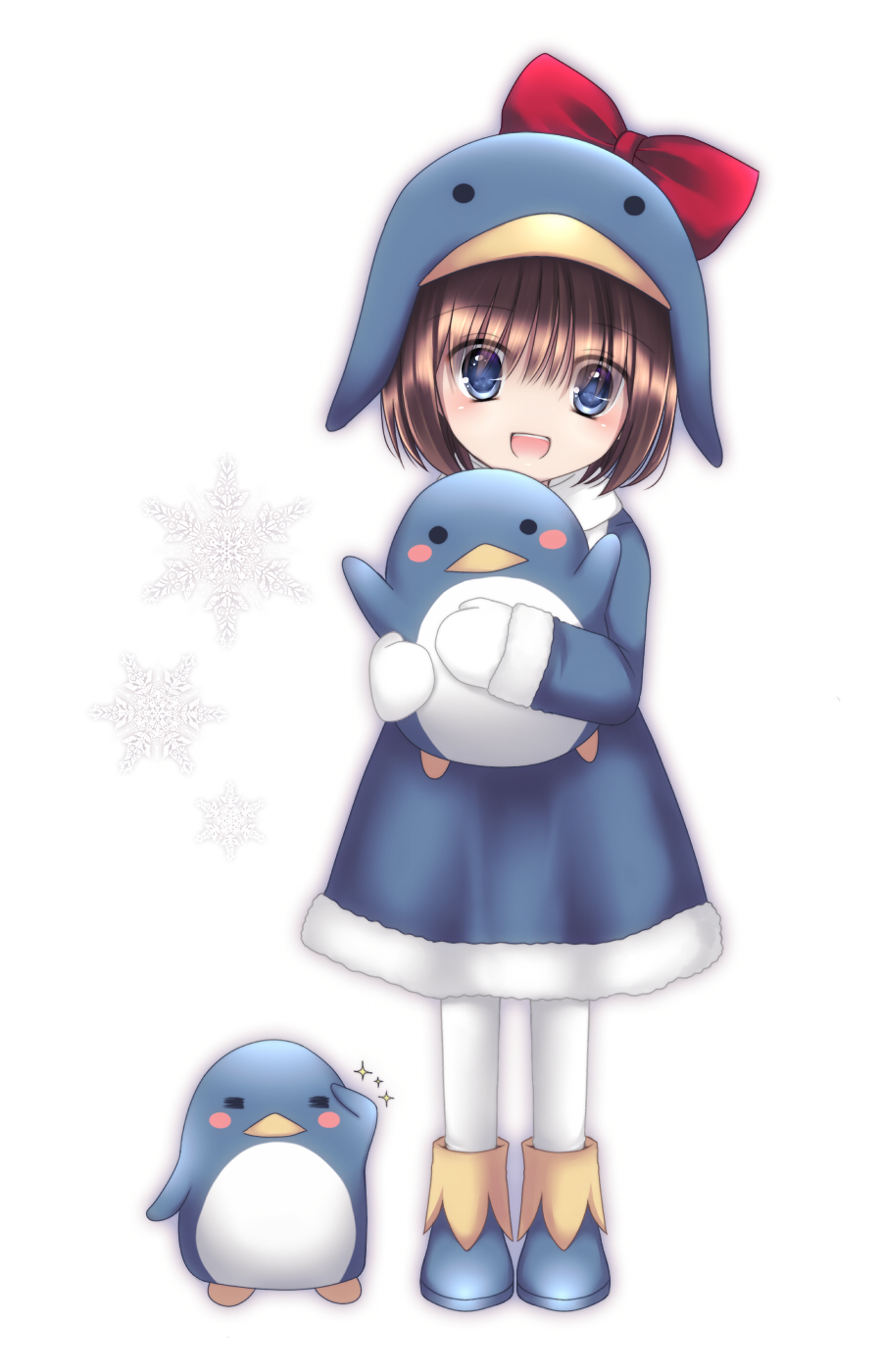 1girl =_= bird blue_eyes blush_stickers brown_hair ecoco ekokuice female_focus hat highres hug looking_at_viewer mittens pantyhose penguin penguin_hat pow_(ameri) ribbon salute short_hair solo sparkle