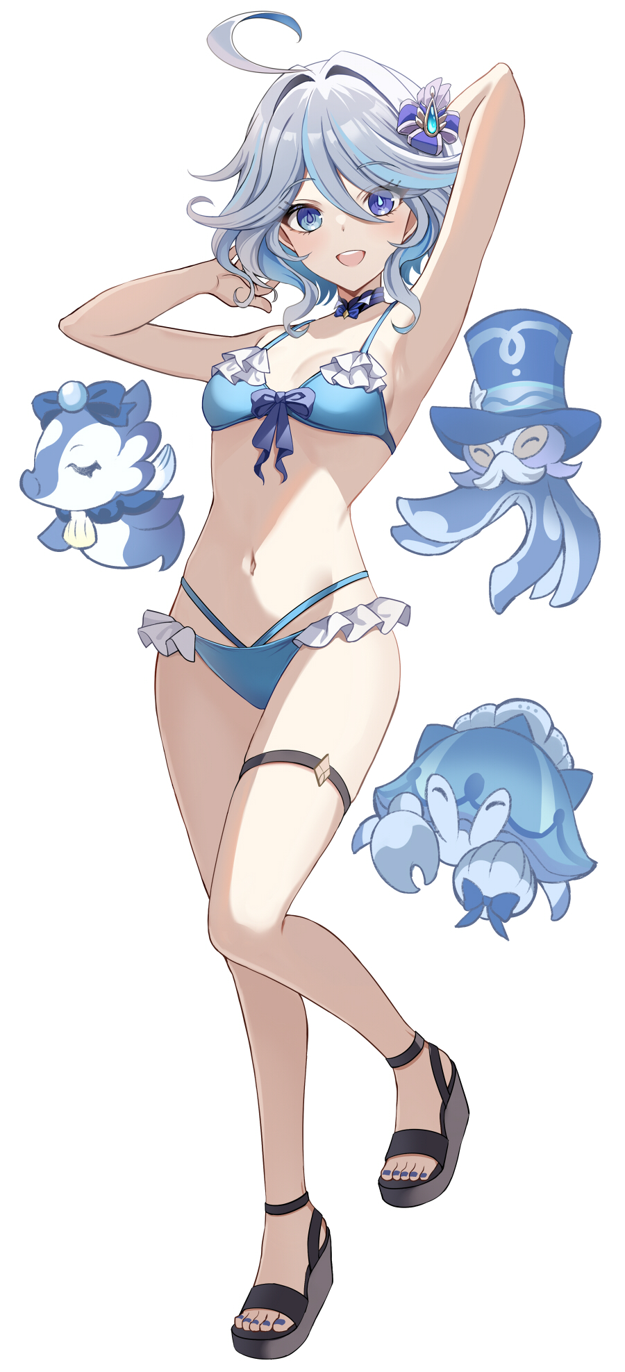 1girl bare_shoulders bikini blue_bikini blue_eyes blue_hair blush breasts fish full_body furina_(genshin_impact) genshin_impact gentilhomme_usher harimoji hermit_crab highres light_blue_hair looking_at_viewer mademoiselle_crabaletta multicolored_hair navel octopus open_mouth seahorse short_hair small_breasts smile streaked_hair surintendante_chevalmarin swimsuit white_hair