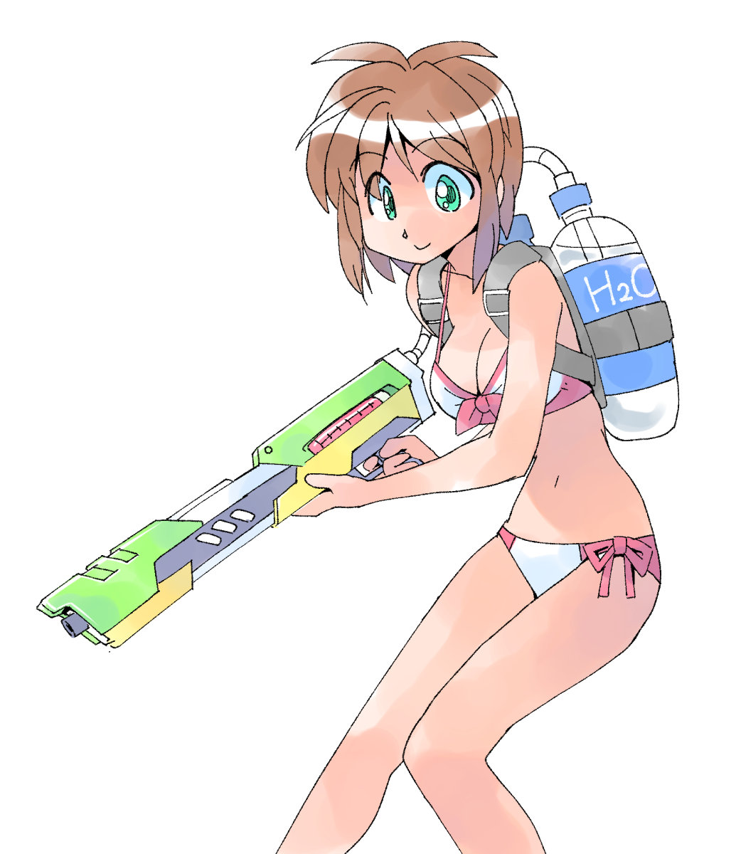 1girl bikini bottle breasts brown_hair collarbone front-tie_top green_eyes highres holding holding_water_gun looking_at_viewer masuki multicolored_bikini navel original parted_bangs pink_bikini short_hair side-tie_bikini_bottom simple_background solo standing strap_gap swimsuit two-tone_bikini water_bottle water_gun white_background white_bikini