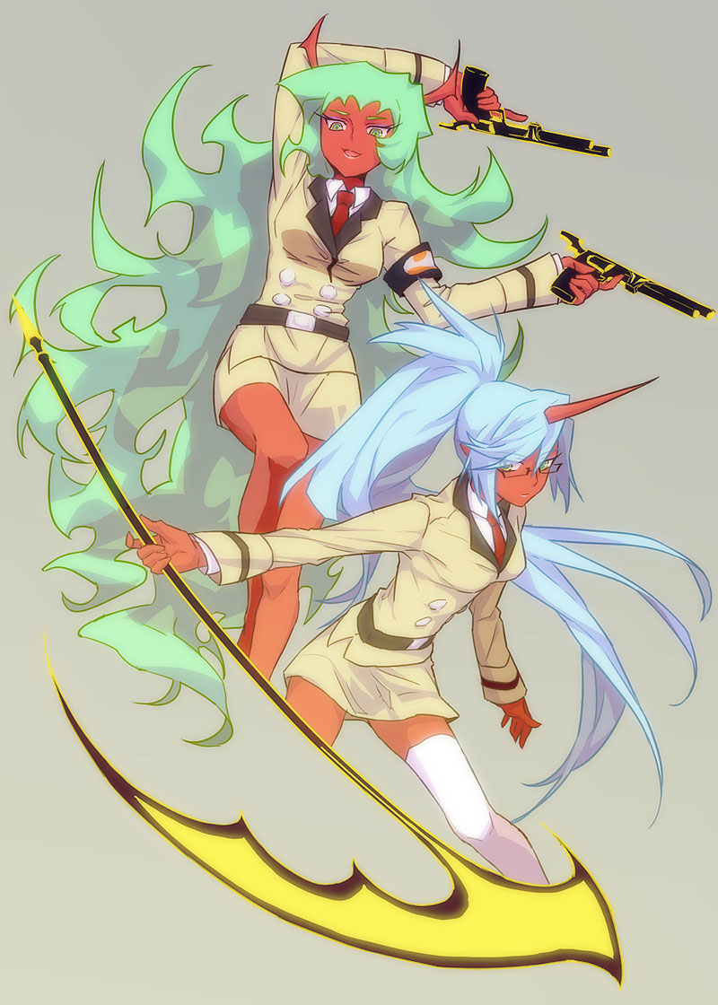 10s 2girls blue_hair colored_skin double_gold_lacytanga double_gold_spandex dual_wielding formal glasses green_eyes gun handgun holding horns kneesocks_(psg) long_hair mimana multiple_girls necktie panty_&amp;_stocking_with_garterbelt ponytail red_skin scanty_(psg) scythe siblings simple_background single_thighhigh sisters suit thighhighs weapon white_thighhighs