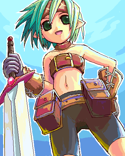 1girl :d aqua_hair archived_source bare_shoulders belt belt_bra belt_pouch bike_shorts black_shorts brown_belt brown_headband collarbone disgaea female_warrior_(disgaea) gloves green_eyes hand_on_own_hip headband holding holding_sword holding_weapon iska jaggy_lines lowres navel open_mouth outline pointy_ears pouch purple_gloves short_hair shorts smile solo sword weapon white_outline