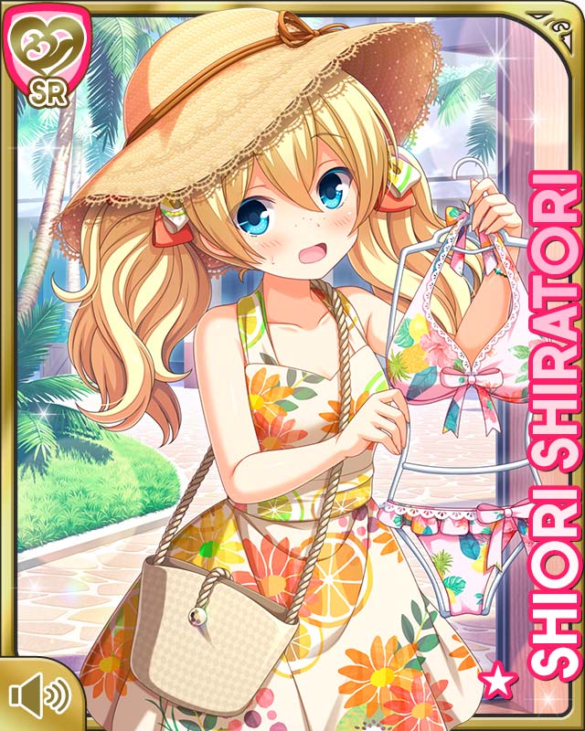 1girl :o aqua_eyes bare_shoulders beach blonde_hair blue_eyes blush card_(medium) character_name collarbone day dress girlfriend_(kari) hair_ribbon hat jewelry ocean official_art open_mouth orange_dress outdoors qp:flapper ribbon shiratori_shiori standing sun_hat tagme tropical twintails wavy_hair