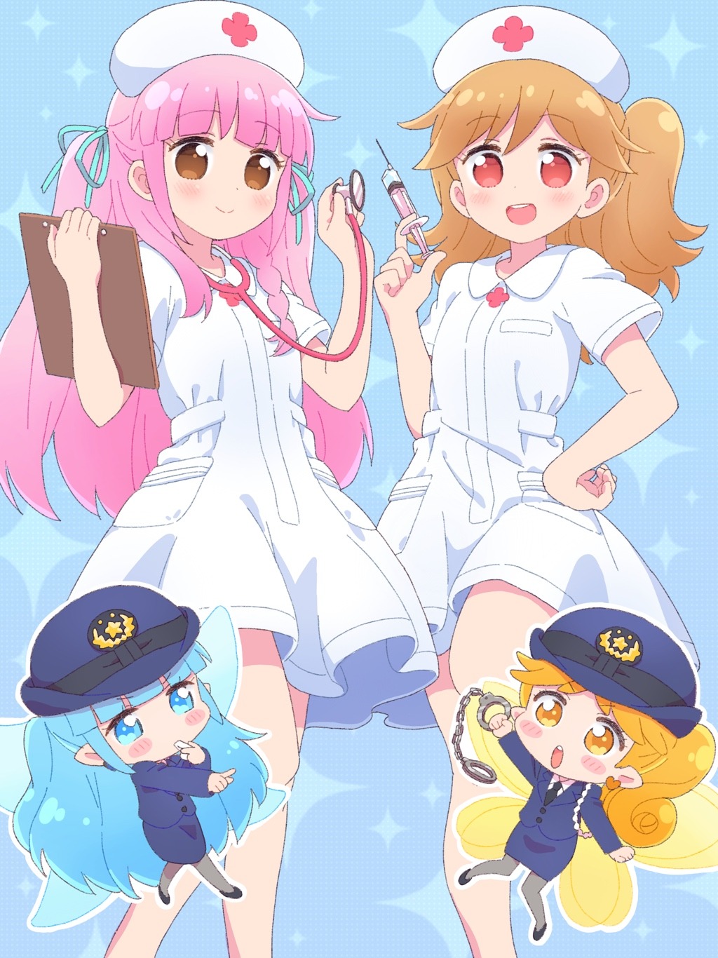 4girls :d :o bare_legs black_pantyhose blowing_whistle blue_background blue_eyes blue_hair blue_jacket blue_necktie blue_ribbon blue_skirt blunt_bangs blush blush_stickers brown_eyes brown_hair chibi clipboard cuffs dot_nose dress hair_ribbon hanamura_karen hand_on_own_hip hand_up handcuffs hands_up hat highres himawari_(fairilu) holding holding_clipboard holding_handcuffs holding_stethoscope holding_syringe holding_whistle ikzw index_finger_raised jacket long_hair long_sleeves multiple_girls necktie no_nose no_pupils nurse nurse_cap open_mouth orange_eyes orange_hair pantyhose pencil_skirt pink_hair pointing police police_uniform ponytail red_eyes ribbon rilu_rilu_fairilu rin_(fairilu) sakuraba_kano sanrio short_dress sidelocks skirt smile sparkle standing stethoscope straight_hair syringe teeth upper_teeth_only v-shaped_eyebrows whistle white_dress white_hat