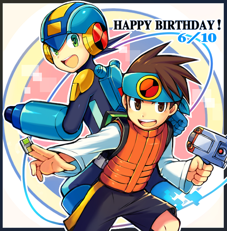 00s arm_cannon battle_chip boots brown_eyes brown_hair dated green_eyes happy_birthday headband helmet iroyopon lan_hikari_(mega_man) long_sleeves mega_man_(series) mega_man_battle_network mega_man_battle_network_(series) megaman.exe open_mouth personal_terminal short_hair shoulder_guard smile vest weapon