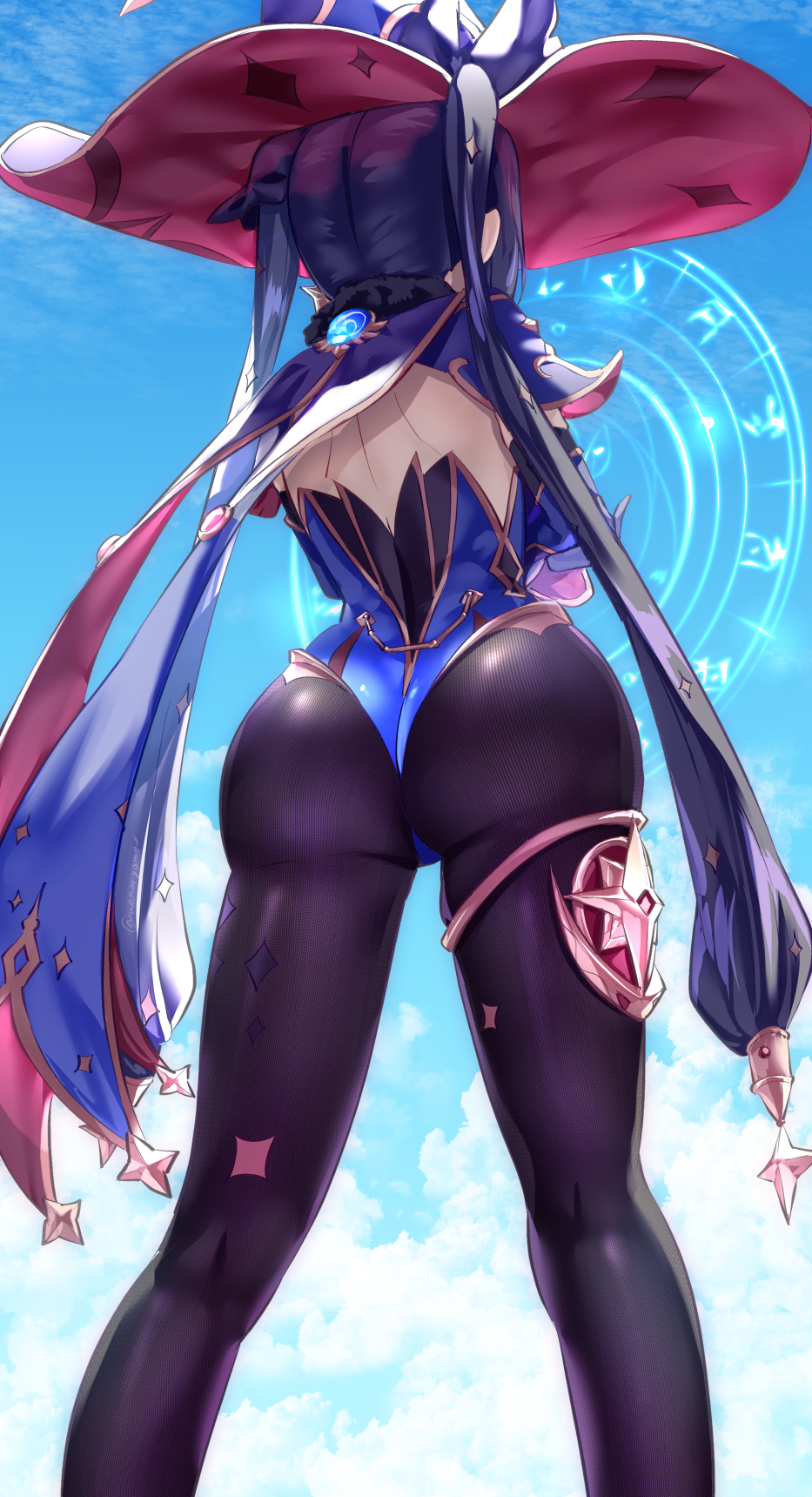 1girl ass black_hair black_pantyhose blue_hat cape detached_sleeves from_behind from_below genshin_impact gloves gold_trim hair_ornament hair_ribbon hat highres huge_ass hydro_(genshin_impact) jewelry leotard long_hair mona_(genshin_impact) pantyhose ribbon shiny_clothes solo thighlet thighs twintails uenoryoma very_long_hair vision_(genshin_impact)