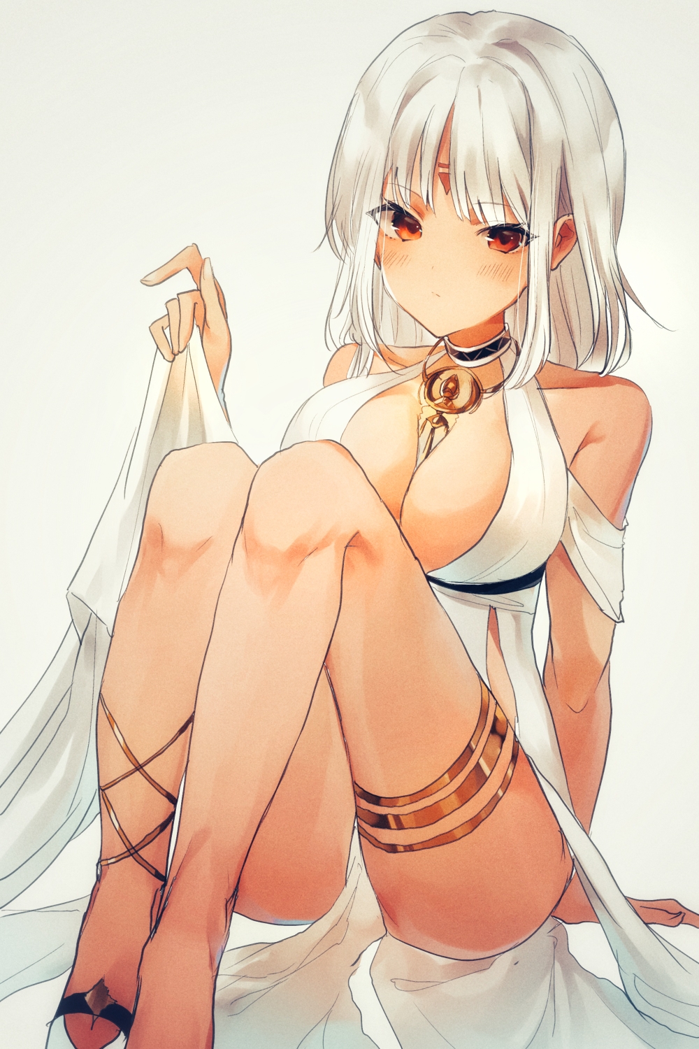 1girl azur_lane bare_shoulders blush breasts cleavage dark-skinned_female dark_skin dress highres irohatomo jewelry large_breasts long_hair looking_at_viewer massachusetts_(azur_lane) massachusetts_(dressed_to_impress)_(azur_lane) red_eyes shoes sitting sitting_on_lap sitting_on_person solo strap_pull thighlet white_background white_dress white_footwear white_hair