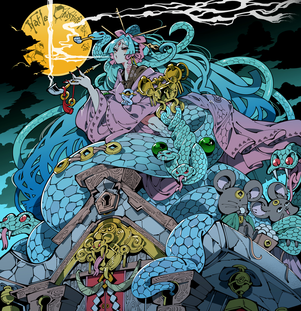 1girl aqua_hair breasts cloud fangs half-closed_eyes hand_up japanese_clothes kafun long_hair looking_at_viewer monster_girl moon mouse_(animal) navel night night_sky original red_eyes sky smoking smoking_pipe snake snake_girl tagme third_eye very_long_hair