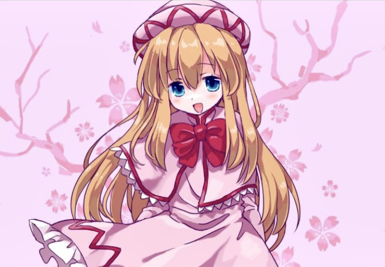 1girl blonde_hair blue_eyes blush bow bowtie capelet commentary_request hat lily_white long_hair long_sleeves looking_at_viewer no_wings open_mouth pink_capelet pink_hat red_bow red_bowtie smile solo touhou very_long_hair washipanda