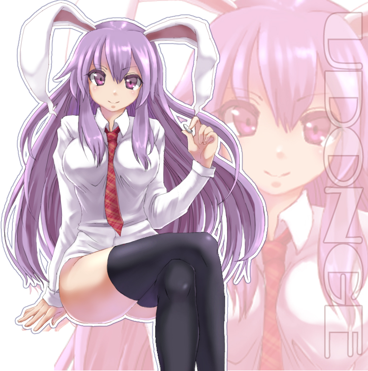 1girl animal_ears black_thighhighs bottomless crossed_legs dress_shirt female_focus long_hair necktie no_pants plaid_clothes plaid_necktie plaid_neckwear purple_hair rabbit_ears red_eyes red_necktie reisen_udongein_inaba shirt sibata sitting smile solo thighhighs touhou very_long_hair zoom_layer