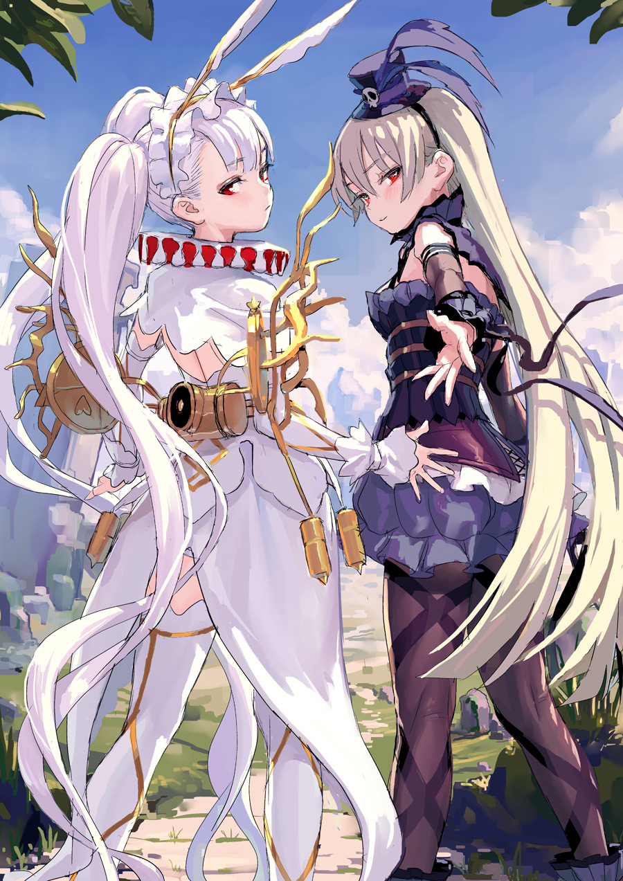 2girls bare_shoulders black_hairband black_hat black_legwear blonde_hair bloomers blue_bloomers blue_sky bodach capelet cloud commentary_request day detached_sleeves dress eyeshadow feathers feet_out_of_frame fkey from_behind hairband han-gyaku-sei_million_arthur hat hat_feather highres kai-ri-sei_million_arthur lolita_hairband long_hair looking_at_viewer looking_back makeup million_arthur_(series) mini_hat mini_top_hat multiple_girls neck_ruff outdoors pantyhose reaching reaching_towards_viewer red_eyes silver_hair skull_print sky smile standing thighhighs thighs top_hat twintails uasaha underwear very_long_hair white_capelet white_dress white_legwear wrist_cuffs zettai_ryouiki