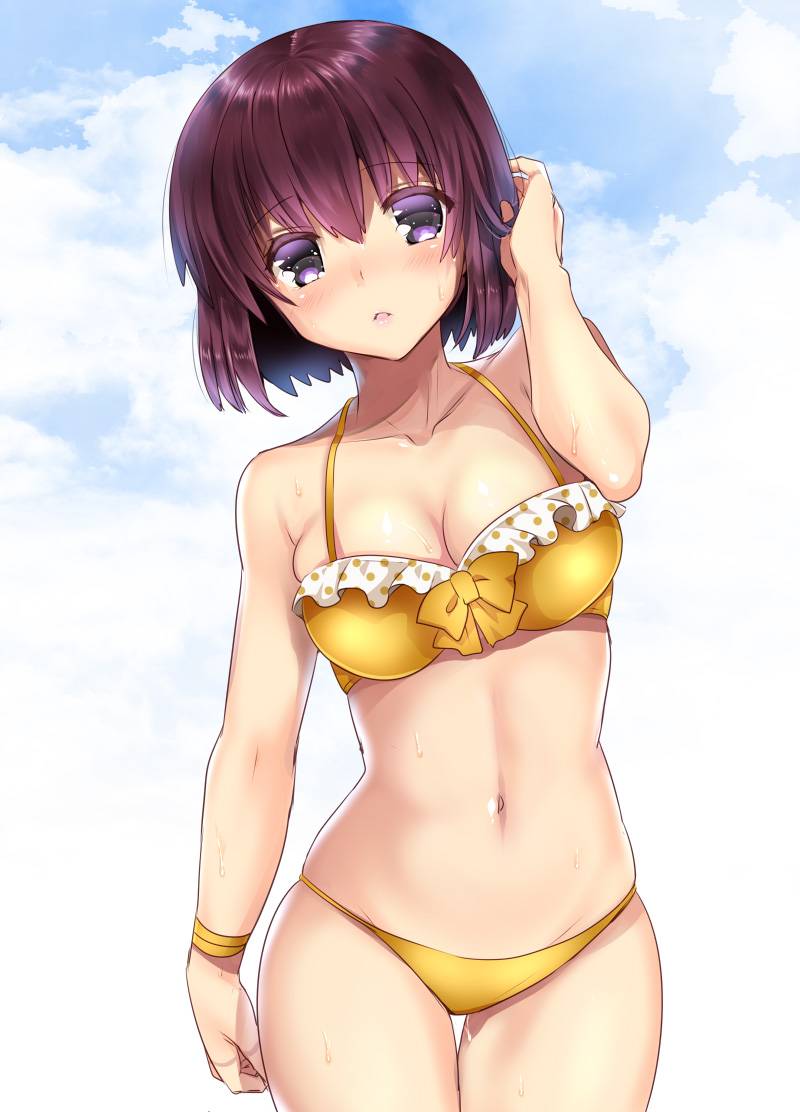 1girl :o bare_shoulders bikini blush breasts brown_hair cleavage cloud collarbone cowboy_shot day female_focus finger_marks frilled_bikini frills green_eyes lips medium_breasts navel nishio_rina ootani_mikoto parted_lips short_hair skindentation sky solo soukyuu_no_fafner sweat swimsuit thigh_gap tucking_hair wristband yellow_bikini