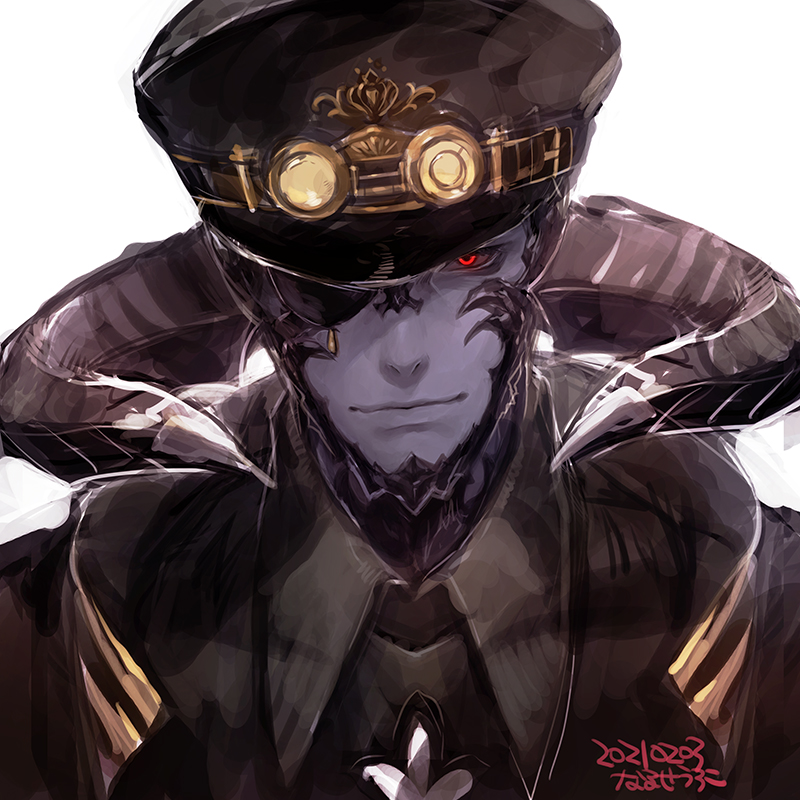 1boy au_ra black_hat black_sclera closed_mouth colored_sclera colored_skin dated eyepatch fictional_persona final_fantasy final_fantasy_xiv goggles goggles_on_head hat horns looking_at_viewer male_focus purple_skin red_eyes signature simple_background smile solo tinted_eyewear upper_body uroko_(mnr) warrior_of_light_(ff14) white_background yellow-tinted_eyewear