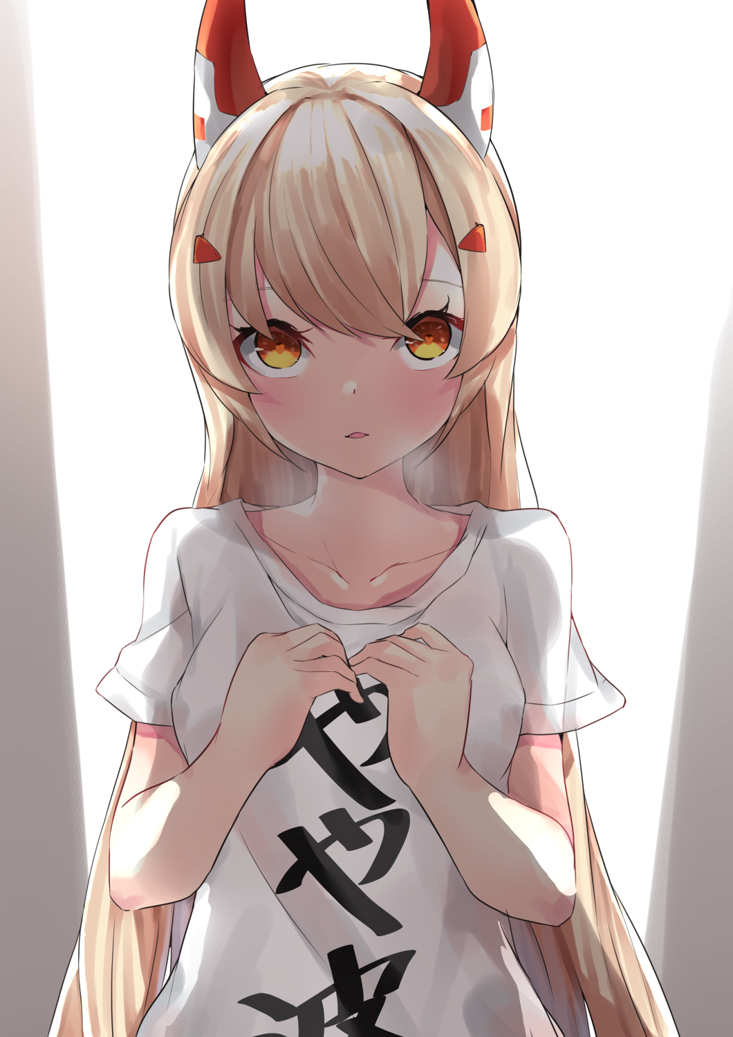 1girl ayanami_(azur_lane) azur_lane blush collarbone commentary_request grey_hair hair_between_eyes hair_down hair_ornament hairclip headgear highres long_hair looking_at_viewer orange_eyes parted_lips retrofit_(azur_lane) ryoutsu shirt short_sleeves sidelocks simple_background solo t-shirt translation_request white_background white_shirt