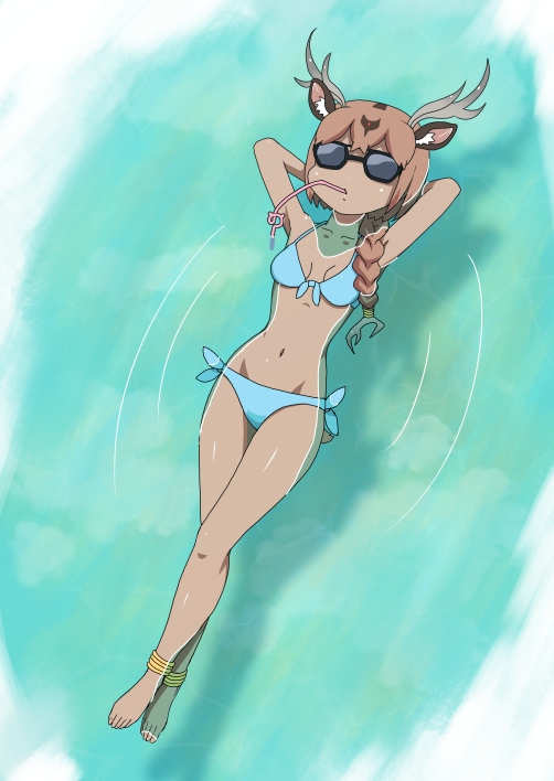 10s 1girl afloat animal_ears anklet antlers arms_behind_head arms_up axis_deer_(kemono_friends) bare_arms bare_legs barefoot bikini blue_bikini braid brown_hair collarbone commentary_request crossed_legs dangorou_(yushi-art) dark-skinned_female dark_skin day deer_ears deer_tail drinking drinking_straw from_above front-tie_bikini_top front-tie_top full_body horns japari_symbol jewelry kemono_friends long_hair navel outdoors side-tie_bikini_bottom side-tie_bottom single_braid solo stomach sunglasses swimsuit tail toes water