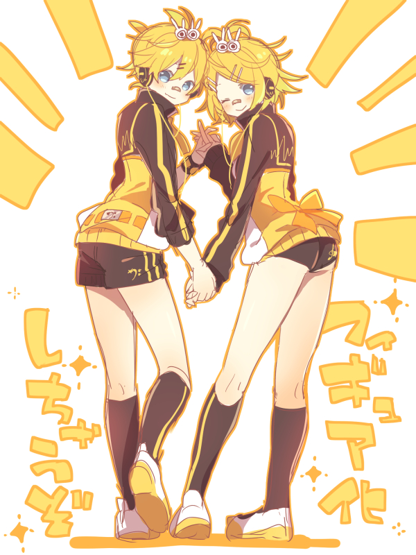 1boy 1girl ;) back_bow bandaid bandaid_on_face bandaid_on_nose black_buruma black_jacket black_shorts black_socks blonde_hair blue_eyes blush bow brother_and_sister buruma full_body hair_ornament hairclip holding_hands jacket kagamine_len kagamine_rin long_sleeves looking_back multicolored_clothes multicolored_jacket one_eye_closed parted_bangs short_hair short_shorts shorts siblings sketch smile socks standing stylish_energy_(module) suzumi_(fallxalice) track_jacket vocaloid white_background white_jacket yellow_bow yellow_jacket